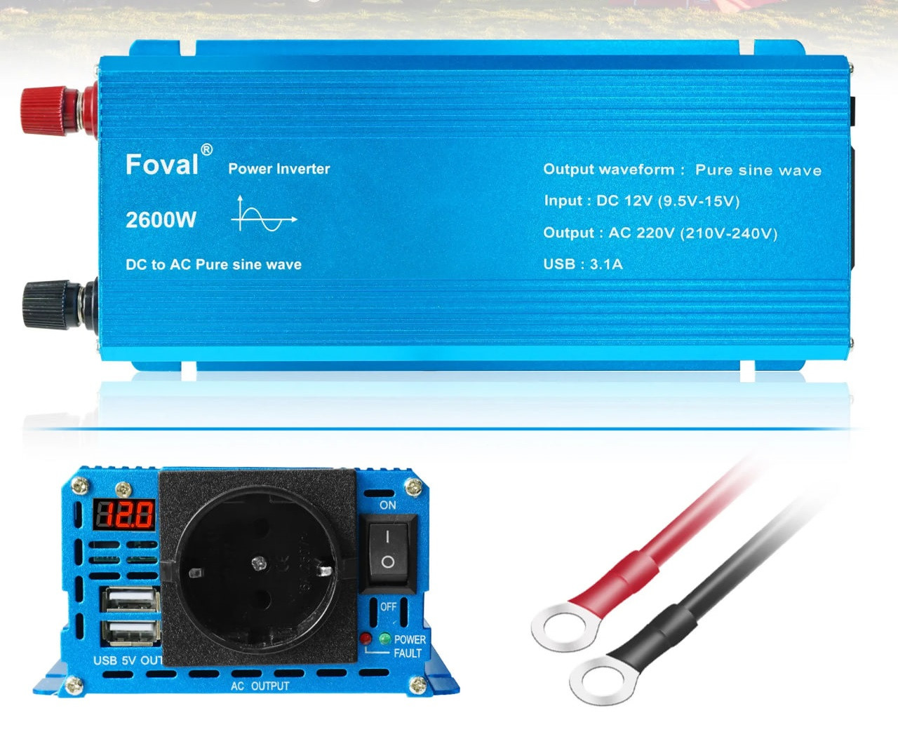 Інвертор FOVAL 2600W, Перетворювач напруги з 12 в 220 V Чиста, правильна синусоїда