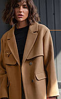 Пальто - пиджак женское шерстяное, демисезонное, осеннее, весеннее, деми, дизайнерское, Кэмел, 48
