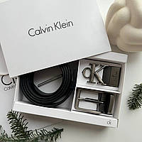 Ремінь чоловічий шкіряний Calvin Klein чорний із двома пряжками, подарунковий набір чоловікові Кельвін Кляйн