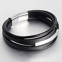 Мужской кожаный браслет плетеный, черный с серебряными вставками высокое качество