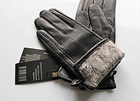 Женские кожаные перчатки "Stripes" подкладка махра black высокое качество