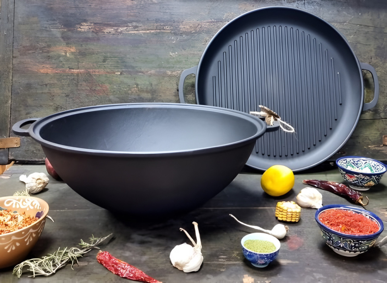Казан чавунний узбецький 15 л WOK із кришкою-сковородою гриль "Наша Майстерня" (товстостінний)