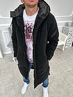 Темная длинная куртка черного цвета | Зимний пуховик с капюшоном | Модная мужская куртка XL