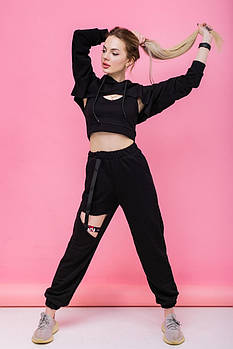 Жіночий спортивний костюм 3в1 чорний Набір худі+топ+штани весняний осінній