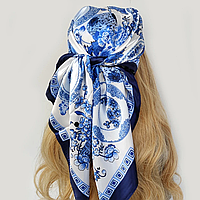 Женский платок на голову белый, синий, голубой, легкий шарф, шелковый платок, летняя бандана 90 см