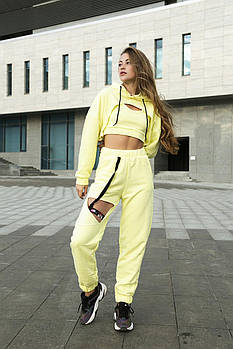 Жіночий спортивний костюм 3в1 жовтий Набір худі+топ+штани весняний осінній