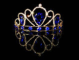 Діадема принцеси сині кристали на металевому обручі, висота 5,5 см, золотиста, фото 2