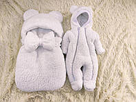 Меховой комплект Тедди для новорожденных детей, спальник и комбинезон 56-62, белый