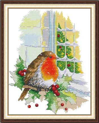 Набір для вишивання за нанесеною на канву схемою "Christmas Redbird at the Window". AIDA 14CT printed, 33*41 см