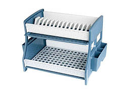 Сушарка пластикова для посуду з піддоном 32,5х30,5х50см (13тар) двоярусна з 2-ма піддонами (синьо-білий) ТМ