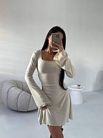 Стильное базовое приталенное женское платье со шнуровкой по спинке с пышной юбкой рубчик мустанг Бежевый, 42