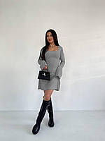 Стильна базова приталена жіноча сукня зі шнурівкою по спинці з пишною спідницею рубчик мустанг Сірий, 48