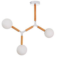 Стельова люстра-молекула з дерев'яним каркасом Brille з трьома білими плафонами під цоколь Е27 IP20