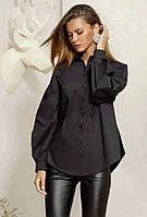 Женская удлиненная нарядная рубашка из коттона со спущенной линией плеча размеры 42-48 Черный, 42/44