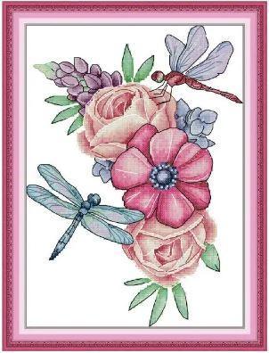 Набір для вишивання за нанесеною на канву схемою "Dragonflies and Flowers". AIDA 14CT printed 22*31 см