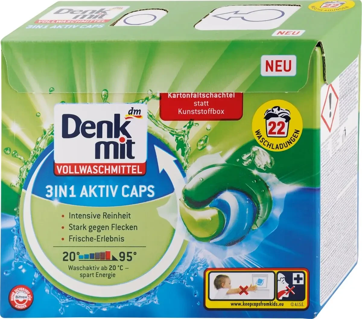 Капсули для прання білих речей Denkmit 3IN1 Aktiv Caps, 22 шт., фото 1