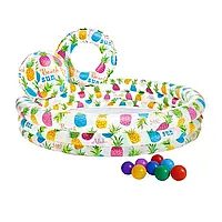 Дитячий надувний басейн Intex 59469-1 «Ананас», 132 х 28 см, з м'ячем та колом, з кульками 10 шт.