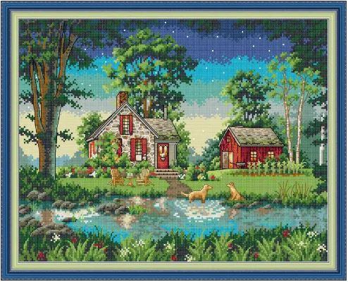 Набір для вишивання за нанесеною на канву схемою "Country House". AIDA 14CT printed, 44*35 см