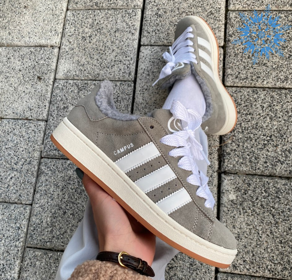 Жіночі зимові кросівки Adidas Campus з хутром замшеві теплі утеплені сірі. Живе фото. Адідас кампус, фото 1