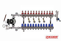 Колектор для теплої підлоги в зборі з насосом на 12 виходи Koer (Чехія)