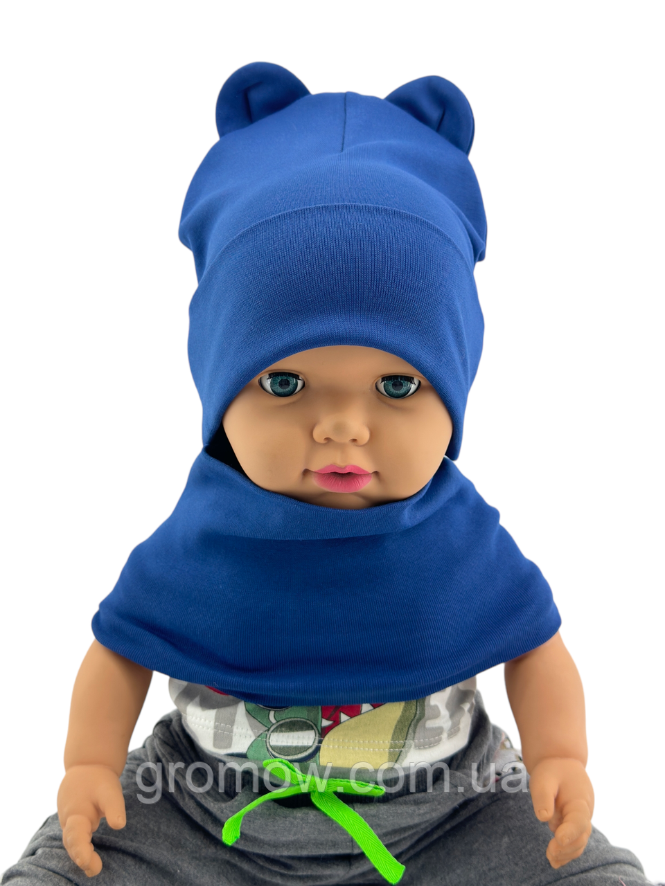Шапка дитяча трикотажна подвійна для новонароджених з хомутом головні убори синій (ШД482), фото 1