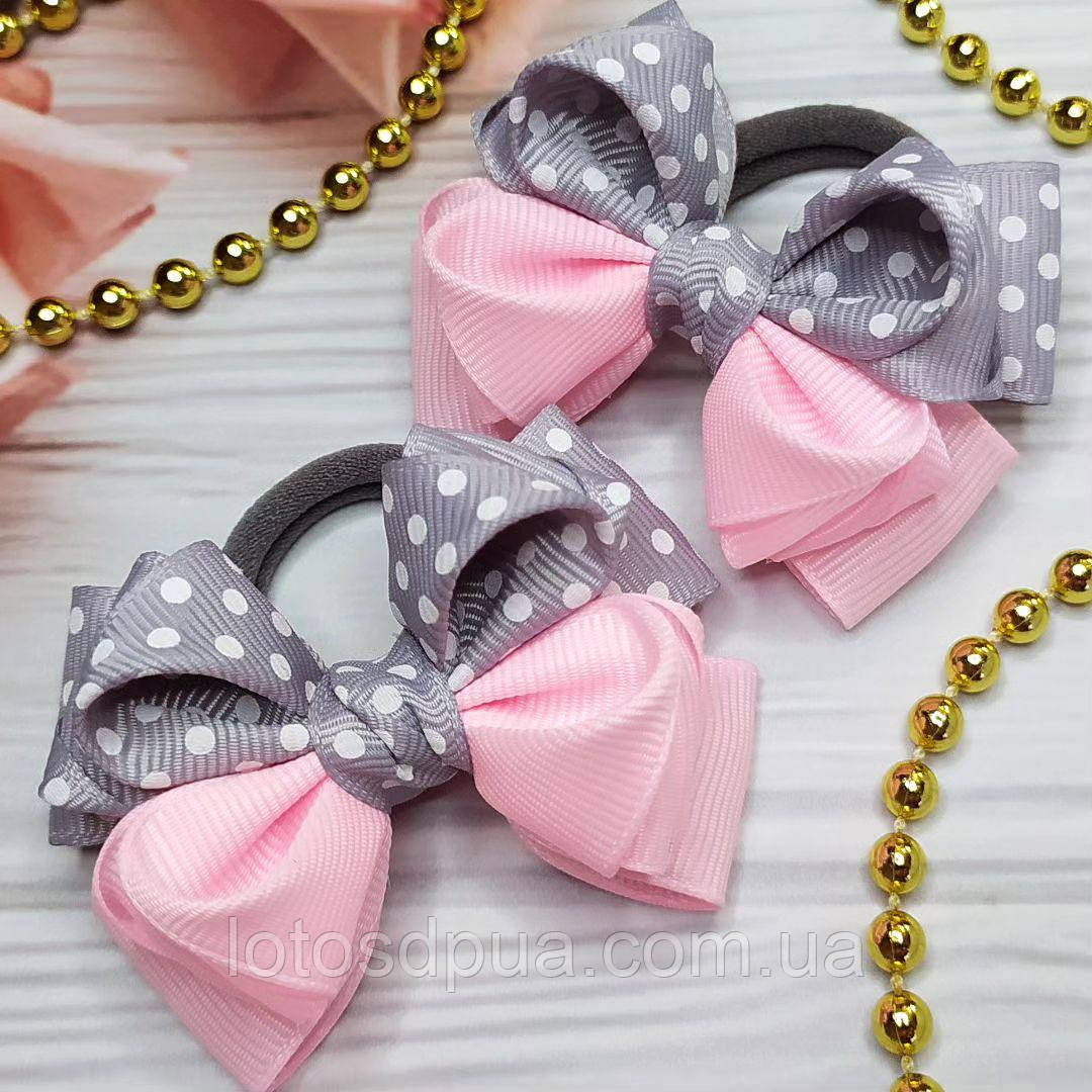 Дитячий бант шкільний з репсової стрічки на резинкі для волосся (бантик рожевий в горошок в школу ручної роботи)