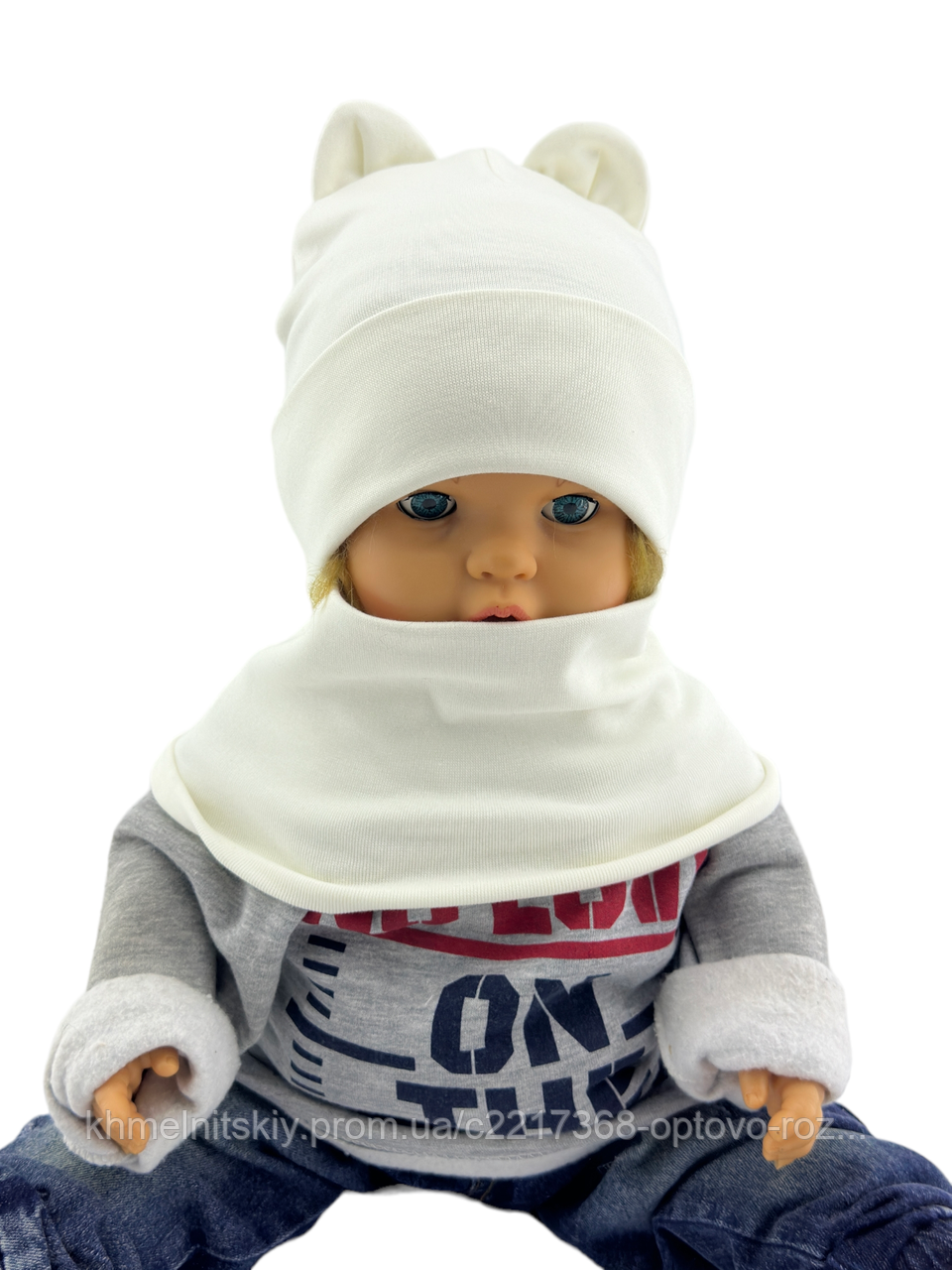 Шапка дитяча трикотажна подвійна для новонароджених з хомутом головні убори молочний (ШД494), фото 1