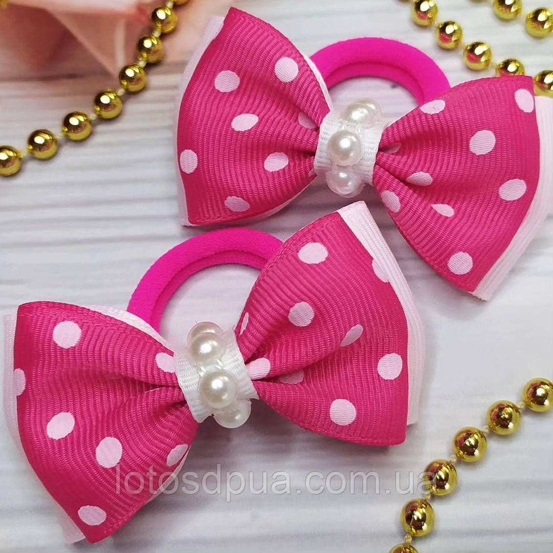Дитячий бант з репсової стрічки на резинкі Поночка (бантик малиновий в горошок для волосся, ручної роботи)