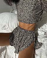 Женская леопардовая пижама Шорты и кофта Плотный Софт Тигровая домашняя Легкая кофточка укороченная 42-46 S-M