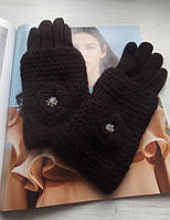Теплые кашемировые женские перчатки с довязом темно коричневые хорошее качество