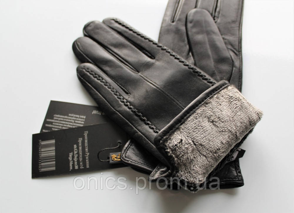 Женские кожаные перчатки "Stripes" подкладка махра black хорошее качество - фото 2 - id-p2083963653