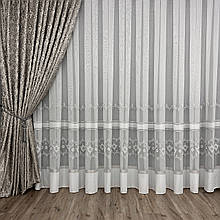 Тюль бамбук з вишивкою Keten 12-02 білий з сірим на відріз