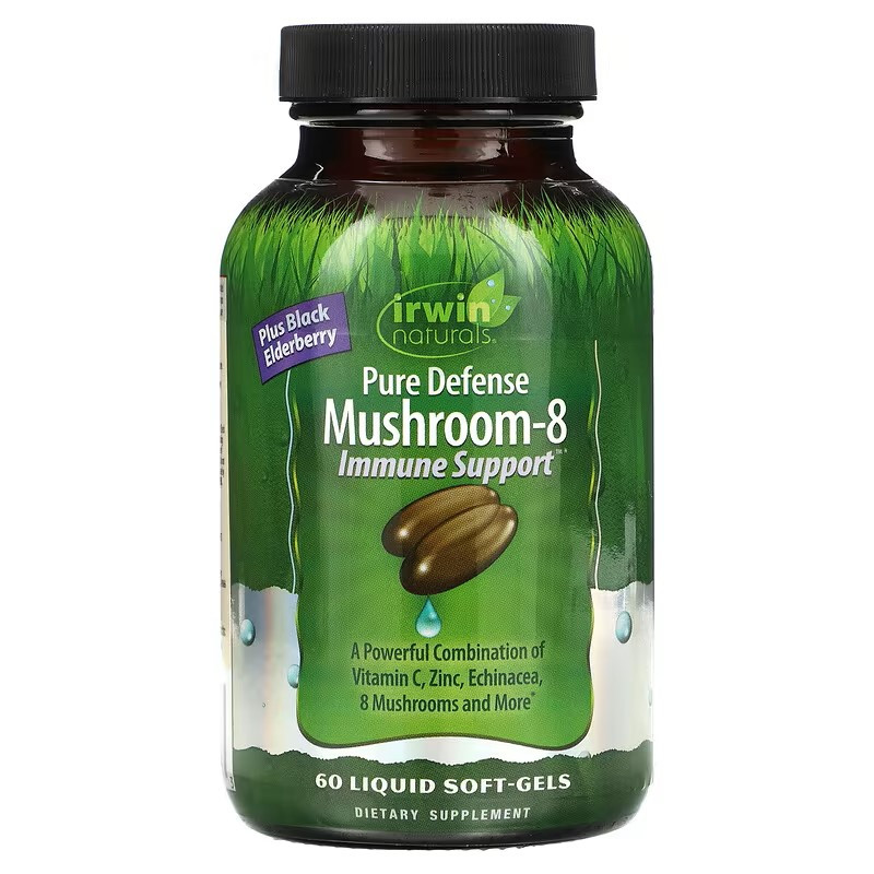Добавка для імунітету Irwin Naturals Pure Defense Mushroom-8, Immune Support, 60 Liquid Soft-Gels, фото 1