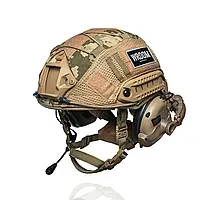 Баллистический кевларовый шлем FAST USA NIJ IIIa койот с активными наушниками earmor m32H с кавером пиксель L