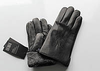 Мужские кожаные перчатки подкладка махра черные M