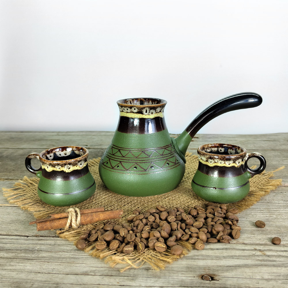 Джезва Софія 350 мл хакі керамічна з чашками + розсікач, фото 1