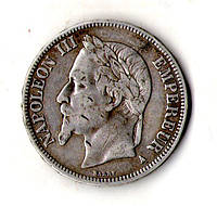 Імперія Франція 5 франків 1867 рік срібло 25 грам 900 проби король Наполеон III №1520