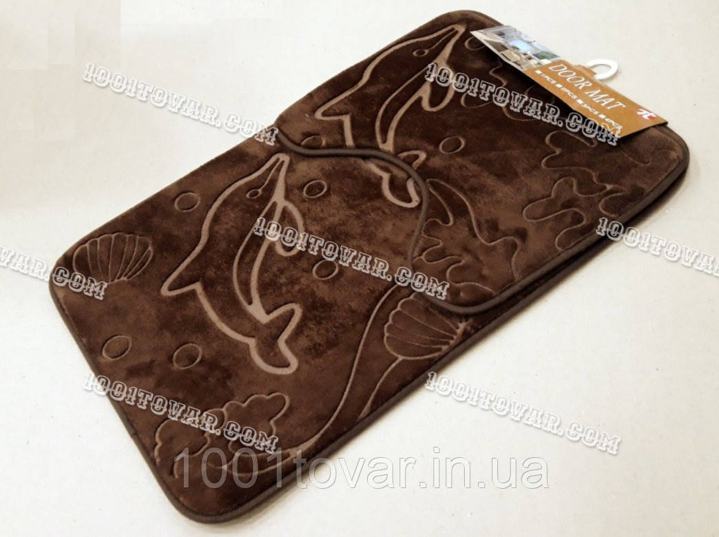 Набір килимків із мікрофібри у ванну та туалет "Хамелеон", 80х50 см і 40х50 см., коричневий дельфіни, фото 1