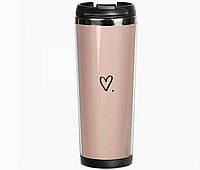 Термокружка для горячих напитков с сердечком для женщин, термочашка с принтом из пищевой стали 380 мл розовая