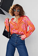 Рубашка женская шелковая оранжевая на пуговицах с цветочным узором M