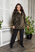 Велюровий костюм спортивний супервеликі розміри ОЛІВКА з чорними штанами Марсала з чорними штанами