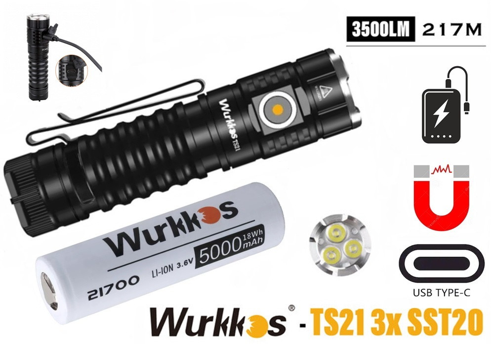 Ліхтар Wurkkos TS21 Black + Акумулятор 5000 mAh (3500LM, 5000k, Luminus SST20 x3, 21700, Type-C, PowerBank), фото 1