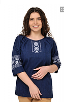 Женская нарядная блузка - вышиванка "Пани", рукав 3/4, ткань лен-габардин, р. 44,46 синяя