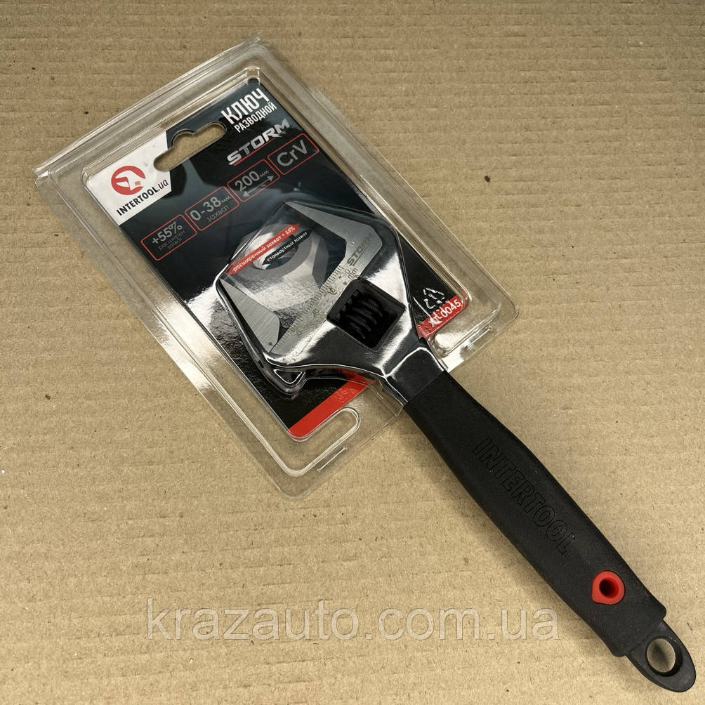 Ключ розвідний 200 мм, прогумована ручка, розведення губок 38 мм, Cr-V INTERTOOL XT-0045, фото 1