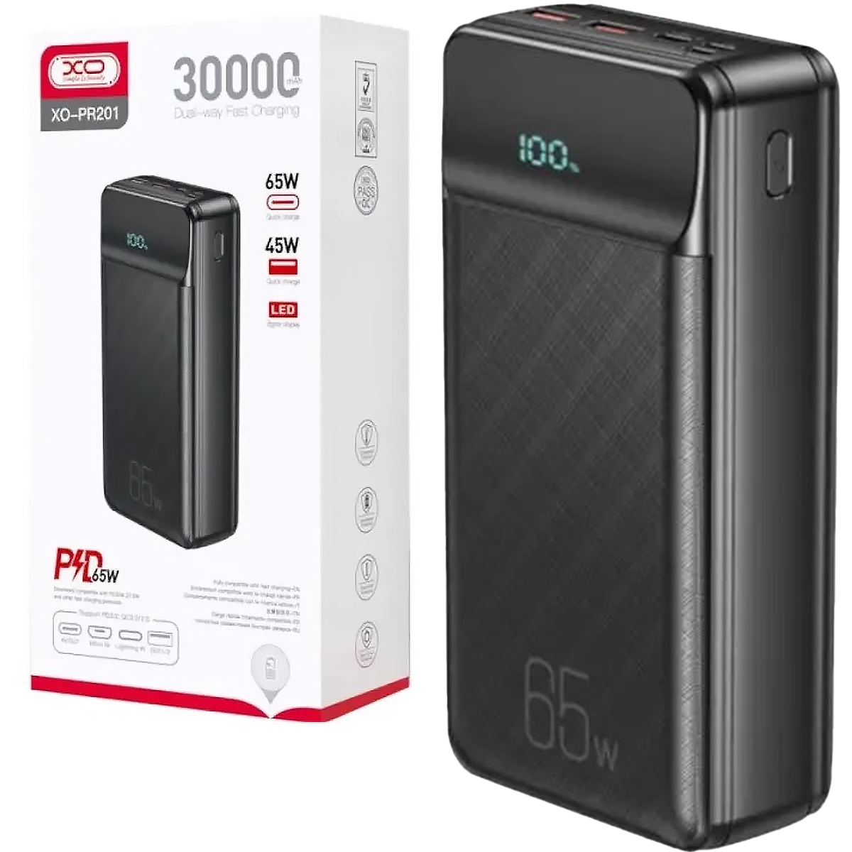 Потужний повербанк 65W XO Power Bank PR201 2USB+Type-C PD&QC3.0 65 Ватт 30000mAh Black