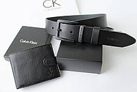 Мужской подарочный набор Calvin Klein ремень и кошелек total black