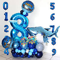 Набор воздушных шаров с цифрой на выбор и подставкой Рифовая акула Синий
