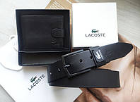 Мужской кожаный подарочный набор Lacoste черный ремень и кошелек 120