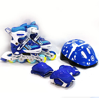 Детский комплект 6007 ролики с регулируемым размером защитой и шлемом с PP клёсами (синий) р.31-34