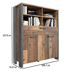 Шафа вітрина з відкритими полицями Clif 106.7 см старе дерево вінтаж та бетон темно-сірий у вітальню